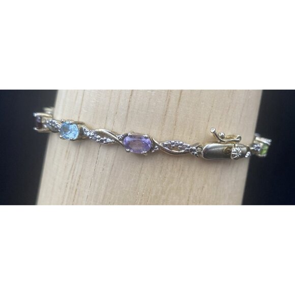 FAS Sterling Vermeil Bracelet Multi Color Gemstone Diamond Accent 2 Tone 7.5" - Picture 9 of 16